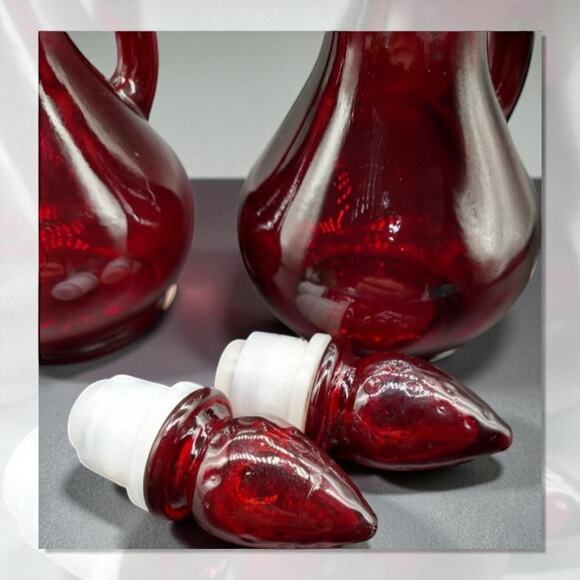 Vintage Avon Ruby Red Glass Pitcher Bottles Strawberry Bath Foam  5.5”  Empty - Picture 5 of 9